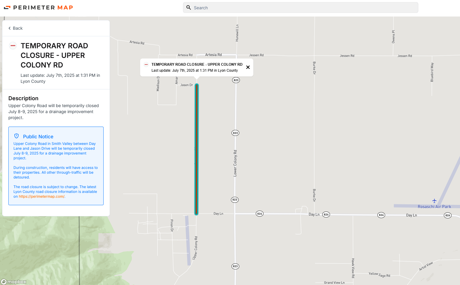 Upper Colony Rd Closure Map