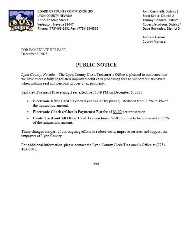 Public Notice - Debit Card Processing Fees